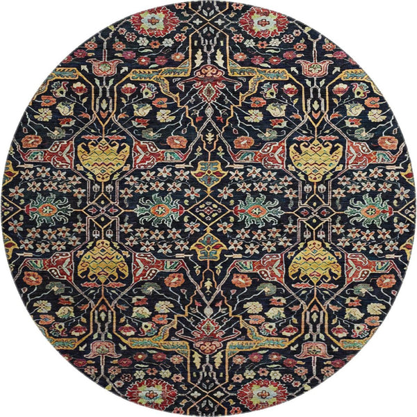 HomeRoots 8' Floral Washable Round Rug in Black, Gold, Teal & Red - UV Protected, Stain Resistant, Durable Design 685985