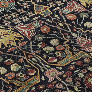 HomeRoots 8' Floral Washable Round Rug in Black, Gold, Teal & Red - UV Protected, Stain Resistant, Durable Design 685985