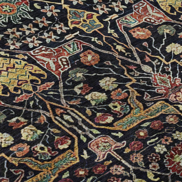 HomeRoots 8' Floral Washable Round Rug in Black, Gold, Teal & Red - UV Protected, Stain Resistant, Durable Design 685985