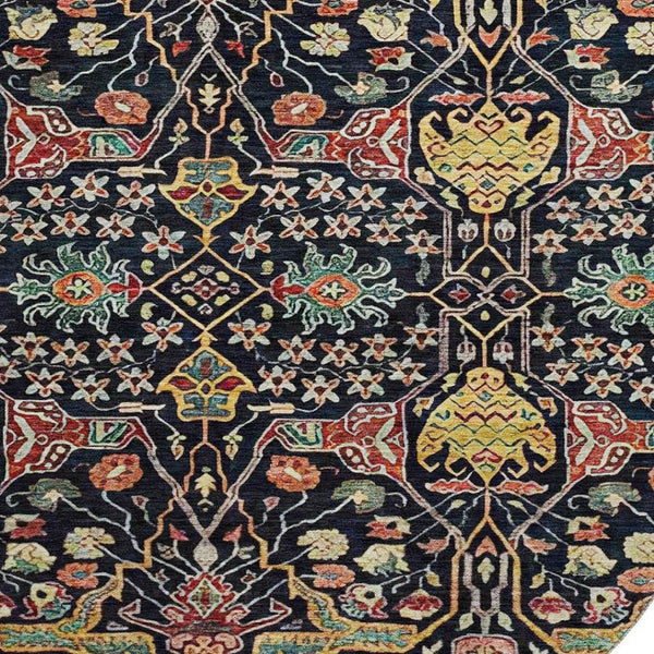 HomeRoots 8' Floral Washable Round Rug in Black, Gold, Teal & Red - UV Protected, Stain Resistant, Durable Design 685985