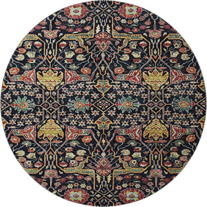 HomeRoots 8' Floral Washable Round Rug in Black, Gold, Teal & Red - UV Protected, Stain Resistant, Durable Design 685985