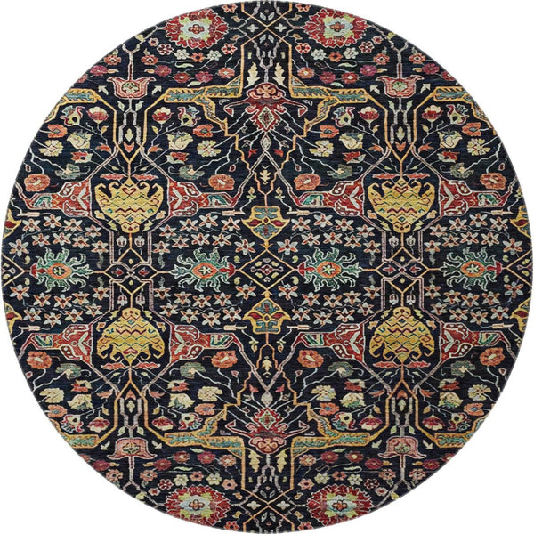 HomeRoots 8' Floral Washable Round Rug in Black, Gold, Teal & Red - UV Protected, Stain Resistant, Durable Design 685985