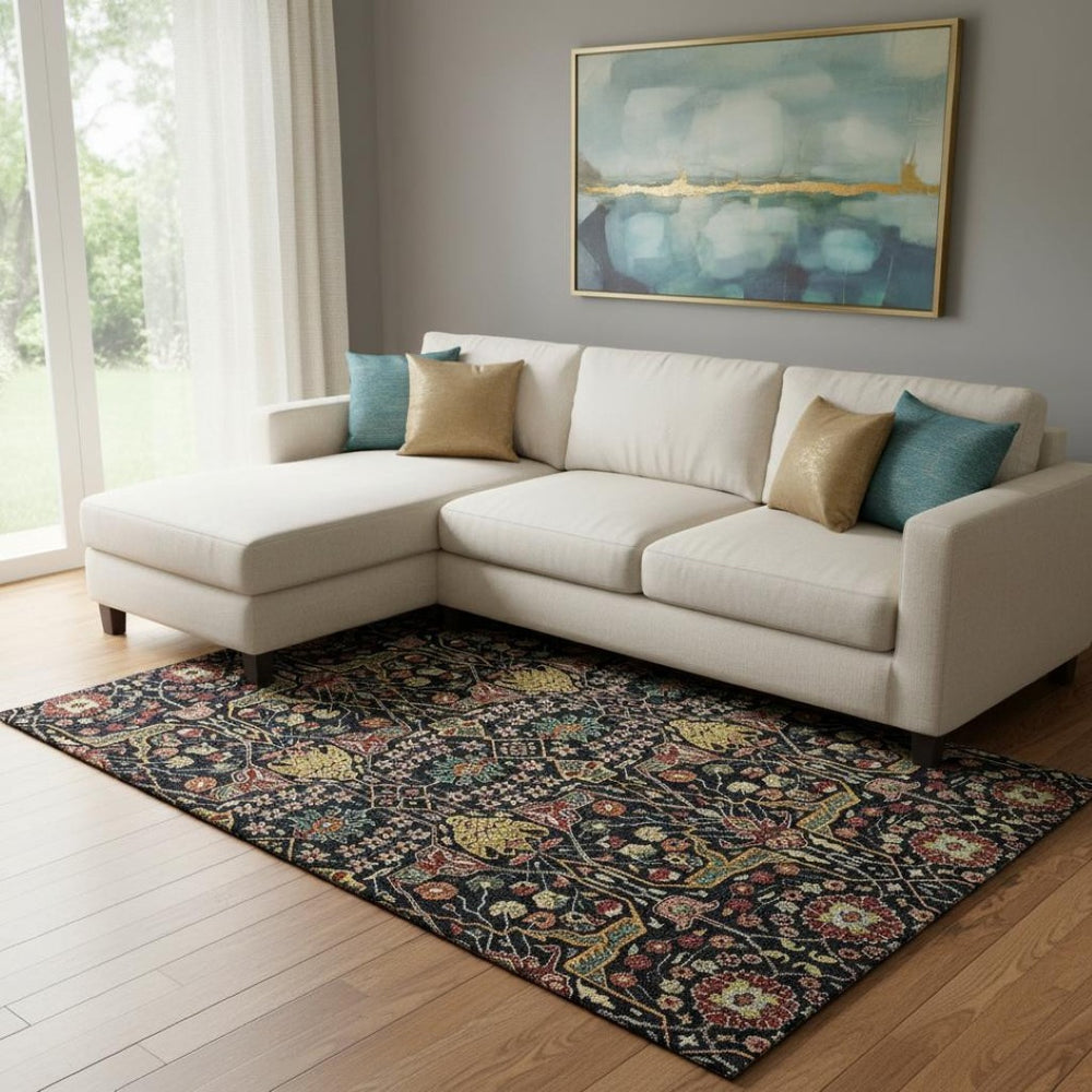 HomeRoots 8' X 10' Floral Area Rug in Black, Gold, Teal & Red - Washable, UV Protected, Stain-Resistant Design! 685986