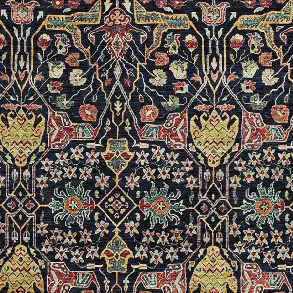 HomeRoots 8' X 10' Floral Area Rug in Black, Gold, Teal & Red - Washable, UV Protected, Stain-Resistant Design! 685986