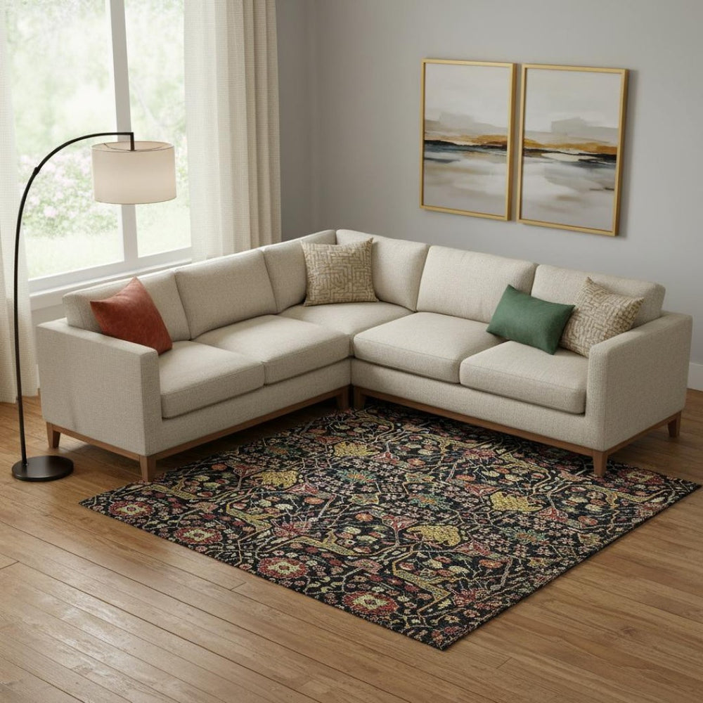 HomeRoots 9' X 12' Floral Area Rug in Black, Gold, Teal & Red - Washable, UV Protected & Durable for Families 685987