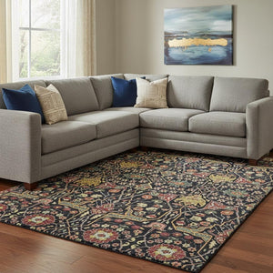 HomeRoots 10' X 14' Bold Floral Area Rug in Black, Gold, Teal & Red – Washable, Stain Resistant, UV Protected! 685988