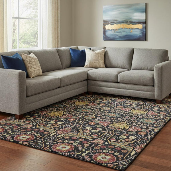 HomeRoots 10' X 14' Bold Floral Area Rug in Black, Gold, Teal & Red – Washable, Stain Resistant, UV Protected! 685988