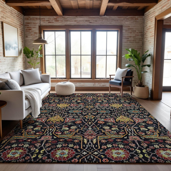 HomeRoots 10' X 14' Bold Floral Area Rug in Black, Gold, Teal & Red – Washable, Stain Resistant, UV Protected! 685988