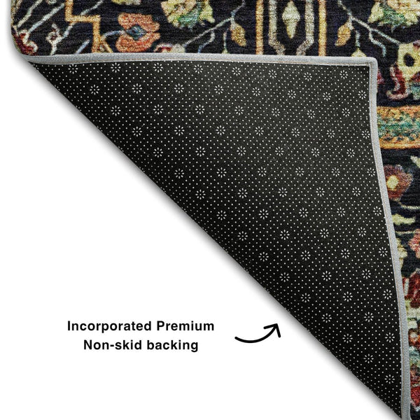 HomeRoots 10' X 14' Bold Floral Area Rug in Black, Gold, Teal & Red – Washable, Stain Resistant, UV Protected! 685988