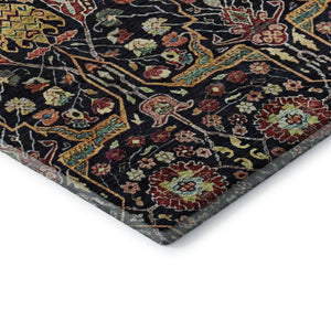 HomeRoots 10' X 14' Bold Floral Area Rug in Black, Gold, Teal & Red – Washable, Stain Resistant, UV Protected! 685988