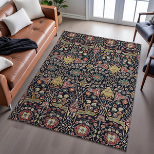 HomeRoots 10' X 14' Bold Floral Area Rug in Black, Gold, Teal & Red – Washable, Stain Resistant, UV Protected! 685988
