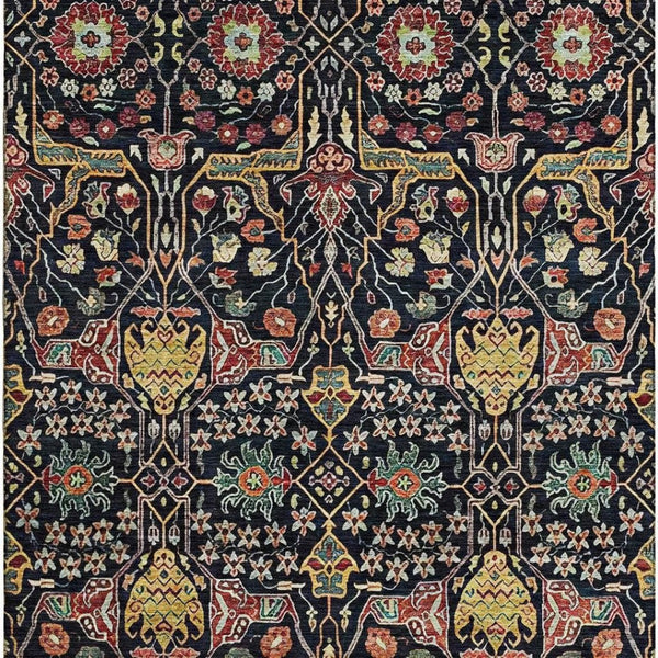 HomeRoots 10' X 14' Bold Floral Area Rug in Black, Gold, Teal & Red – Washable, Stain Resistant, UV Protected! 685988