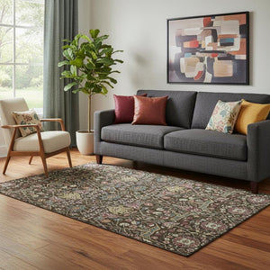 HomeRoots 5' X 8' Floral Area Rug in Chocolate, Gold & Teal - Washable, UV-Protected, Stain-Resistant Design 685990