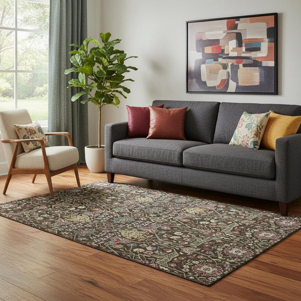 HomeRoots 5' X 8' Floral Area Rug in Chocolate, Gold & Teal - Washable, UV-Protected, Stain-Resistant Design 685990