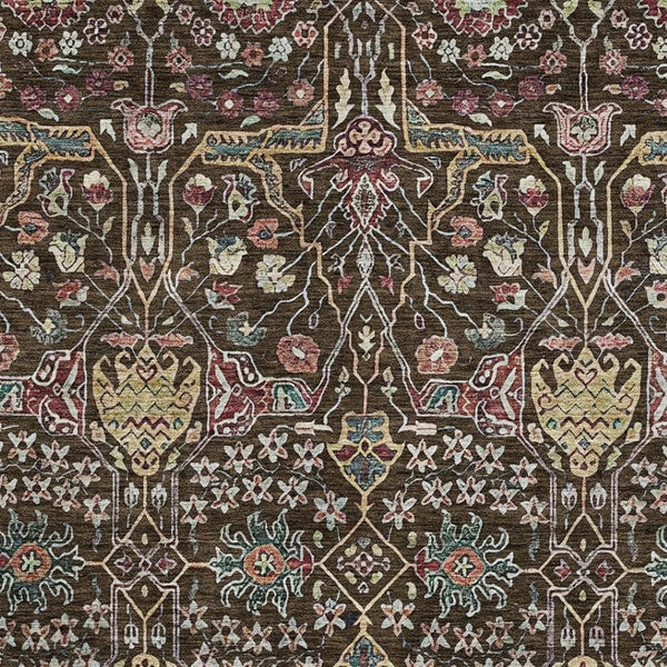 HomeRoots 5' X 8' Floral Area Rug in Chocolate, Gold & Teal - Washable, UV-Protected, Stain-Resistant Design 685990
