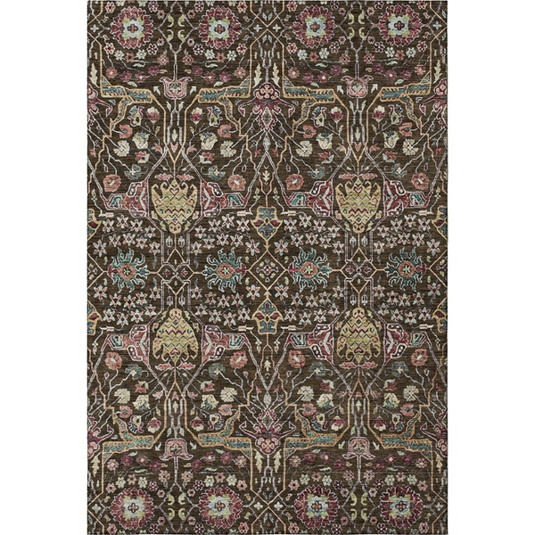 HomeRoots 5' X 8' Floral Area Rug in Chocolate, Gold & Teal - Washable, UV-Protected, Stain-Resistant Design 685990
