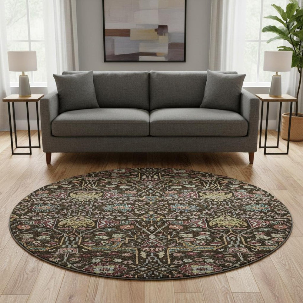 HomeRoots 8' Elegant Chocolate, Gold & Teal Floral Round Rug - Washable, UV-Protected, Stain Resistant Design 685991