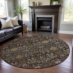 HomeRoots 8' Elegant Chocolate, Gold & Teal Floral Round Rug - Washable, UV-Protected, Stain Resistant Design 685991