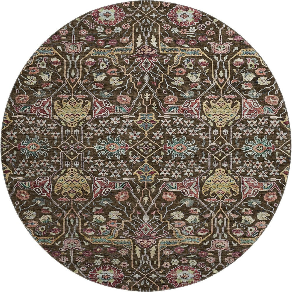 HomeRoots 8' Elegant Chocolate, Gold & Teal Floral Round Rug - Washable, UV-Protected, Stain Resistant Design 685991