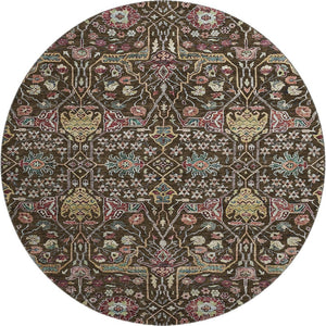 HomeRoots 8' Elegant Chocolate, Gold & Teal Floral Round Rug - Washable, UV-Protected, Stain Resistant Design 685991