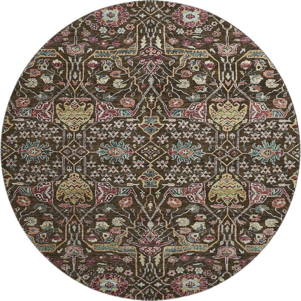 HomeRoots 8' Elegant Chocolate, Gold & Teal Floral Round Rug - Washable, UV-Protected, Stain Resistant Design 685991