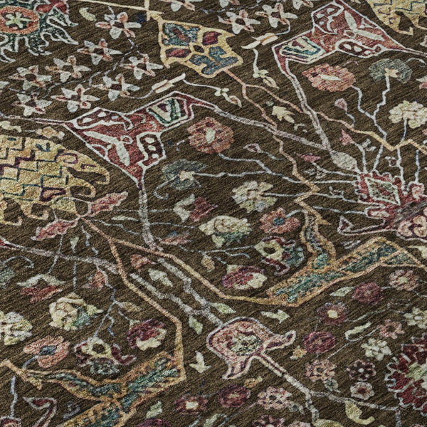 HomeRoots 8' Elegant Chocolate, Gold & Teal Floral Round Rug - Washable, UV-Protected, Stain Resistant Design 685991