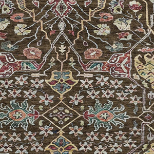 HomeRoots 8' Elegant Chocolate, Gold & Teal Floral Round Rug - Washable, UV-Protected, Stain Resistant Design 685991