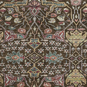 HomeRoots 8' Elegant Chocolate, Gold & Teal Floral Round Rug - Washable, UV-Protected, Stain Resistant Design 685991
