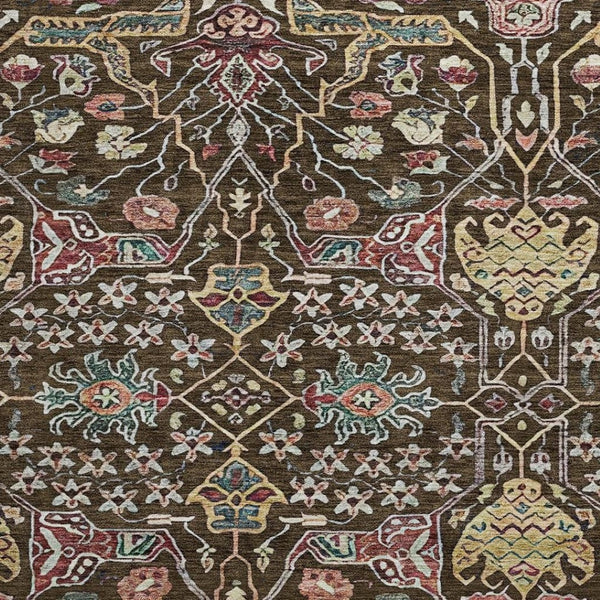 HomeRoots 8' Elegant Chocolate, Gold & Teal Floral Round Rug - Washable, UV-Protected, Stain Resistant Design 685991