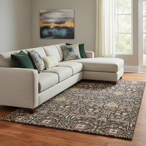 HomeRoots 8' X 10' Washable Floral Area Rug in Chocolate, Gold & Teal - Durable, UV-Protected & Stain Resistant! 685992