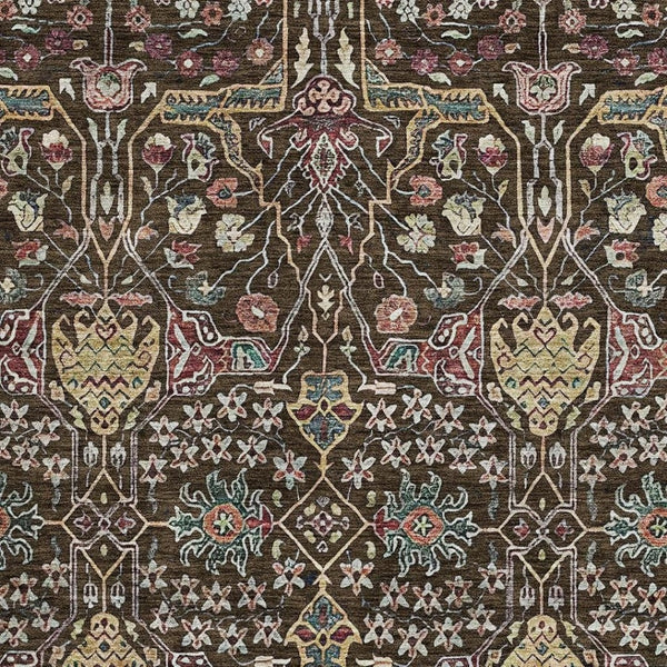 HomeRoots 8' X 10' Washable Floral Area Rug in Chocolate, Gold & Teal - Durable, UV-Protected & Stain Resistant! 685992