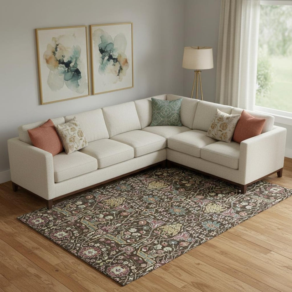 HomeRoots 9' X 12' Floral Washable Area Rug – Chocolate, Gold, and Teal with UV Protection for Busy Homes 685993