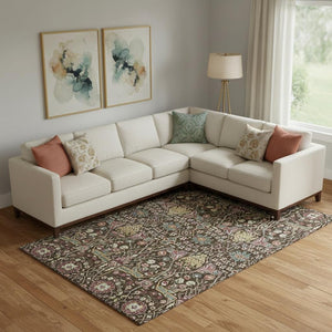 HomeRoots 9' X 12' Floral Washable Area Rug – Chocolate, Gold, and Teal with UV Protection for Busy Homes 685993