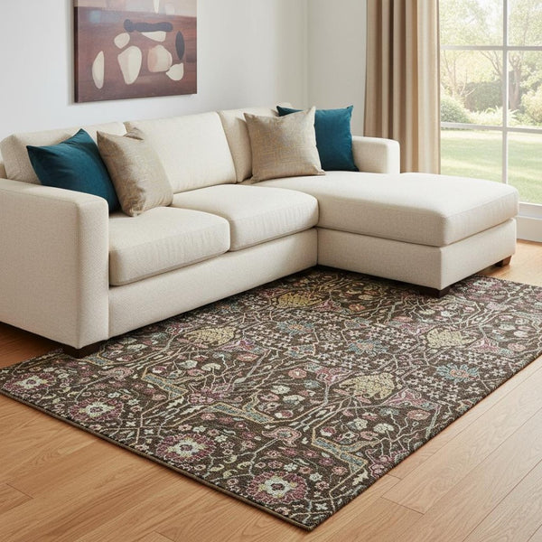 HomeRoots 10' X 14' Floral Area Rug in Chocolate, Gold & Teal - Washable, UV Protected, Stain-Resistant Design! 685994