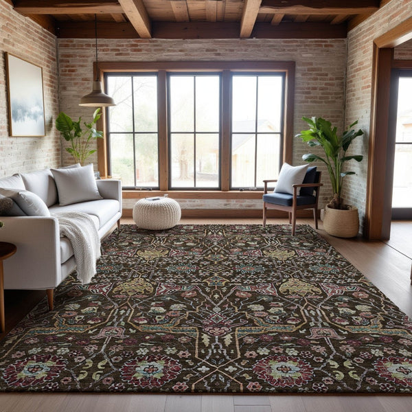 HomeRoots 10' X 14' Floral Area Rug in Chocolate, Gold & Teal - Washable, UV Protected, Stain-Resistant Design! 685994