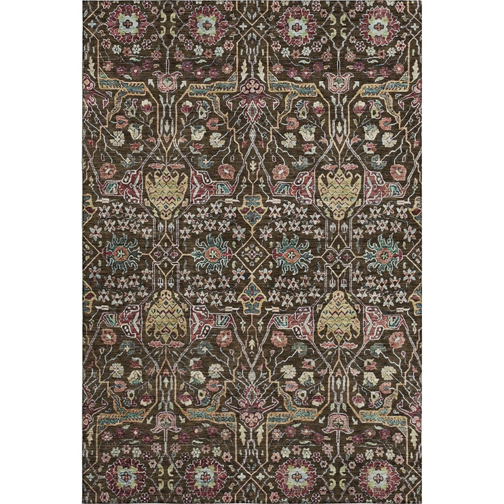 HomeRoots 10' X 14' Floral Area Rug in Chocolate, Gold & Teal - Washable, UV Protected, Stain-Resistant Design! 685994