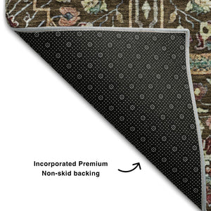 HomeRoots 10' X 14' Floral Area Rug in Chocolate, Gold & Teal - Washable, UV Protected, Stain-Resistant Design! 685994
