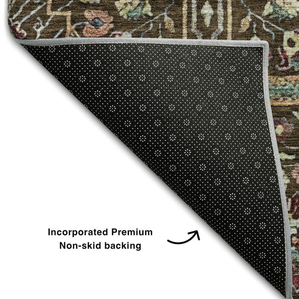 HomeRoots 10' X 14' Floral Area Rug in Chocolate, Gold & Teal - Washable, UV Protected, Stain-Resistant Design! 685994