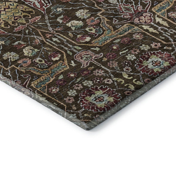 HomeRoots 10' X 14' Floral Area Rug in Chocolate, Gold & Teal - Washable, UV Protected, Stain-Resistant Design! 685994