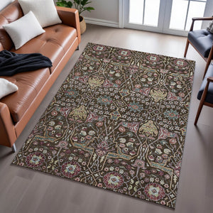HomeRoots 10' X 14' Floral Area Rug in Chocolate, Gold & Teal - Washable, UV Protected, Stain-Resistant Design! 685994