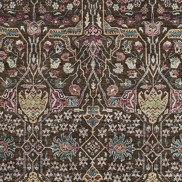 HomeRoots 10' X 14' Floral Area Rug in Chocolate, Gold & Teal - Washable, UV Protected, Stain-Resistant Design! 685994