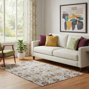 HomeRoots 5' X 8' Elegant Floral Area Rug in Ivory, Gold, Red & Teal - Washable, UV-Protected & Durable 685996