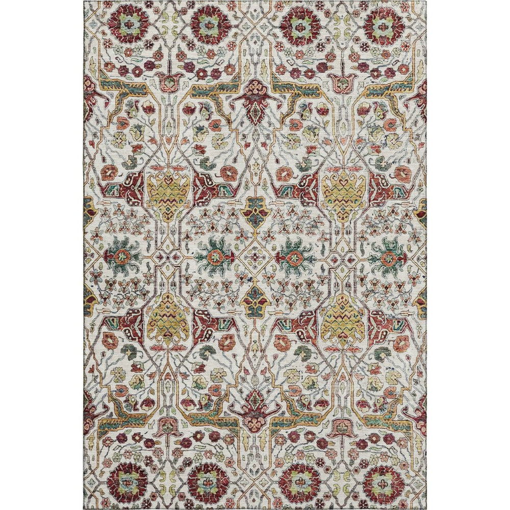 HomeRoots 5' X 8' Elegant Floral Area Rug in Ivory, Gold, Red & Teal - Washable, UV-Protected & Durable 685996