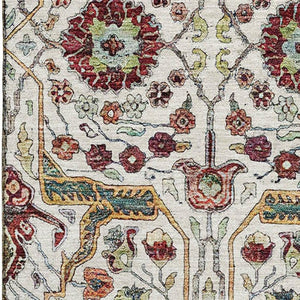 HomeRoots 5' X 8' Elegant Floral Area Rug in Ivory, Gold, Red & Teal - Washable, UV-Protected & Durable 685996
