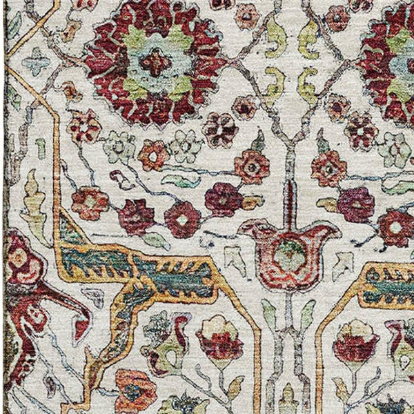 HomeRoots 5' X 8' Elegant Floral Area Rug in Ivory, Gold, Red & Teal - Washable, UV-Protected & Durable 685996