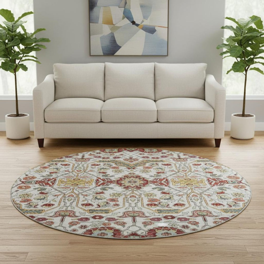 HomeRoots 8' Ivory Gold Red Teal Floral Washable Round Rug - Durable, UV-Protected, Perfect for Busy Homes! 685997