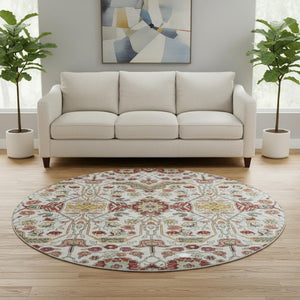 HomeRoots 8' Ivory Gold Red Teal Floral Washable Round Rug - Durable, UV-Protected, Perfect for Busy Homes! 685997