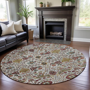 HomeRoots 8' Ivory Gold Red Teal Floral Washable Round Rug - Durable, UV-Protected, Perfect for Busy Homes! 685997