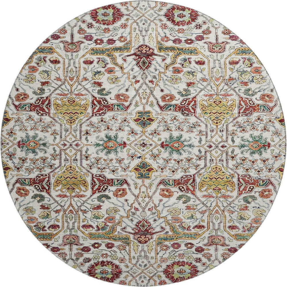 HomeRoots 8' Ivory Gold Red Teal Floral Washable Round Rug - Durable, UV-Protected, Perfect for Busy Homes! 685997