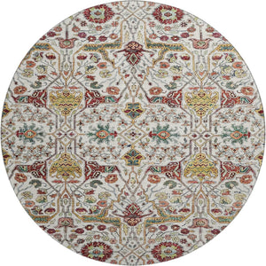 HomeRoots 8' Ivory Gold Red Teal Floral Washable Round Rug - Durable, UV-Protected, Perfect for Busy Homes! 685997